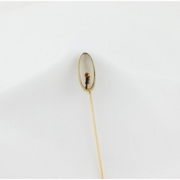 10k Yellow Gold Antique Moss Agate Stick Pin Hat Pin - Picture 2 of 8